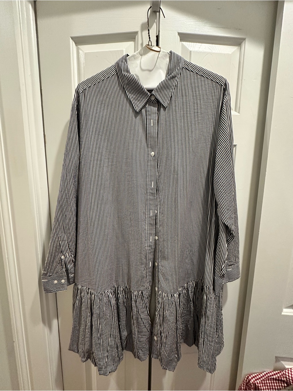 Lands' End Black & White Striped Ruffle Hem Shirt Dress - Women